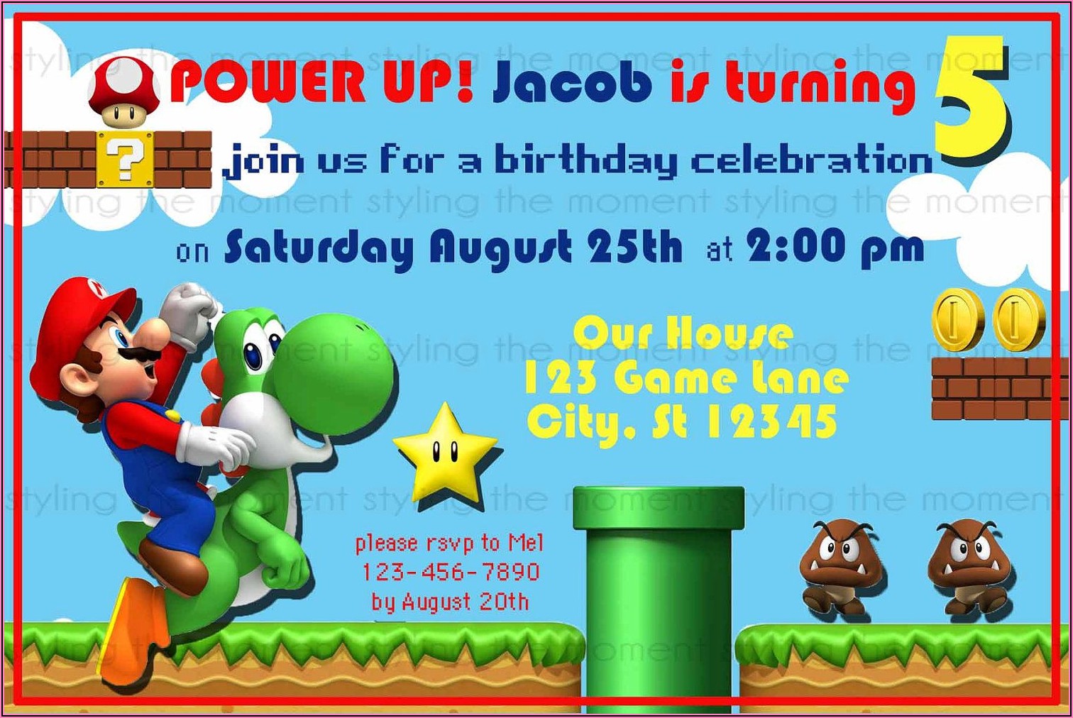 Super Mario Brothers Birthday Invitations