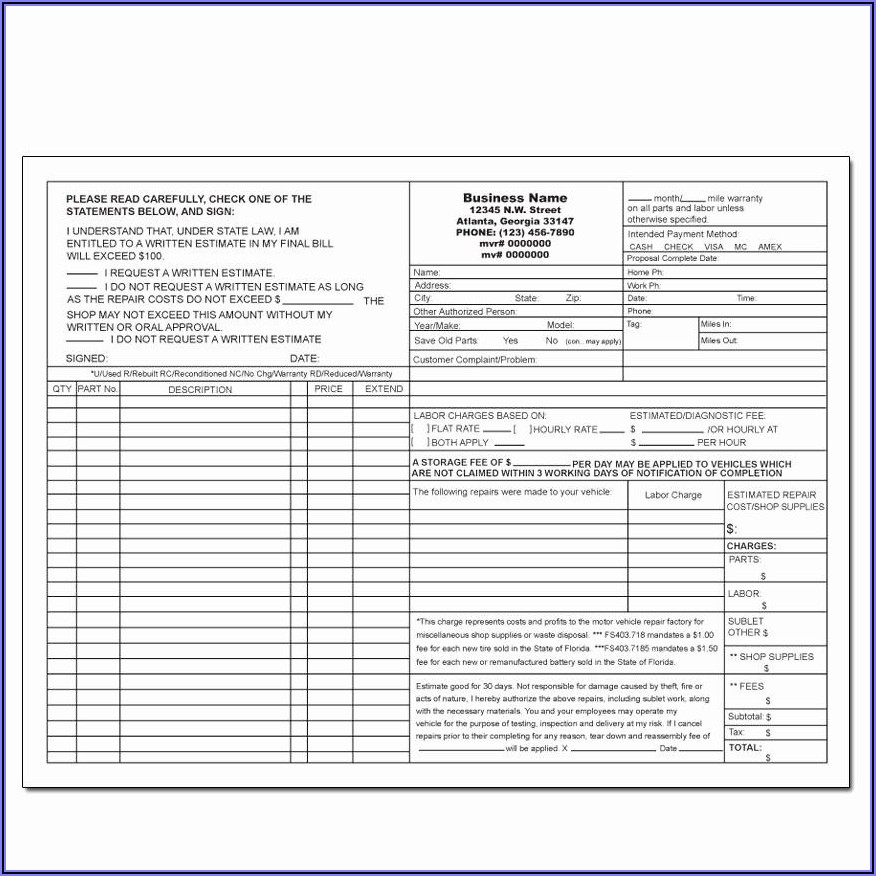 Auto Repair Shop Authorization Form