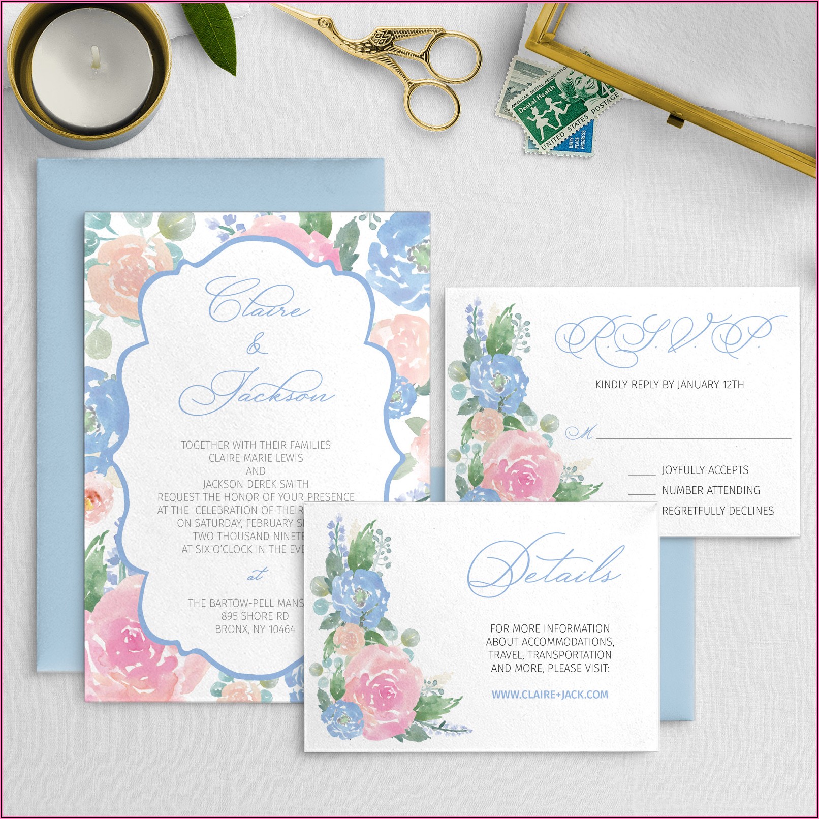 Baby Blue And Pink Wedding Invitations