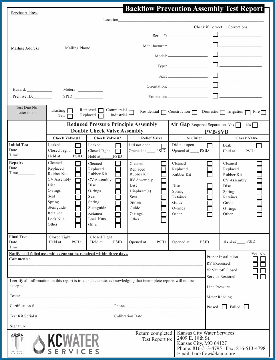 Backflow Assembly Test Report Form