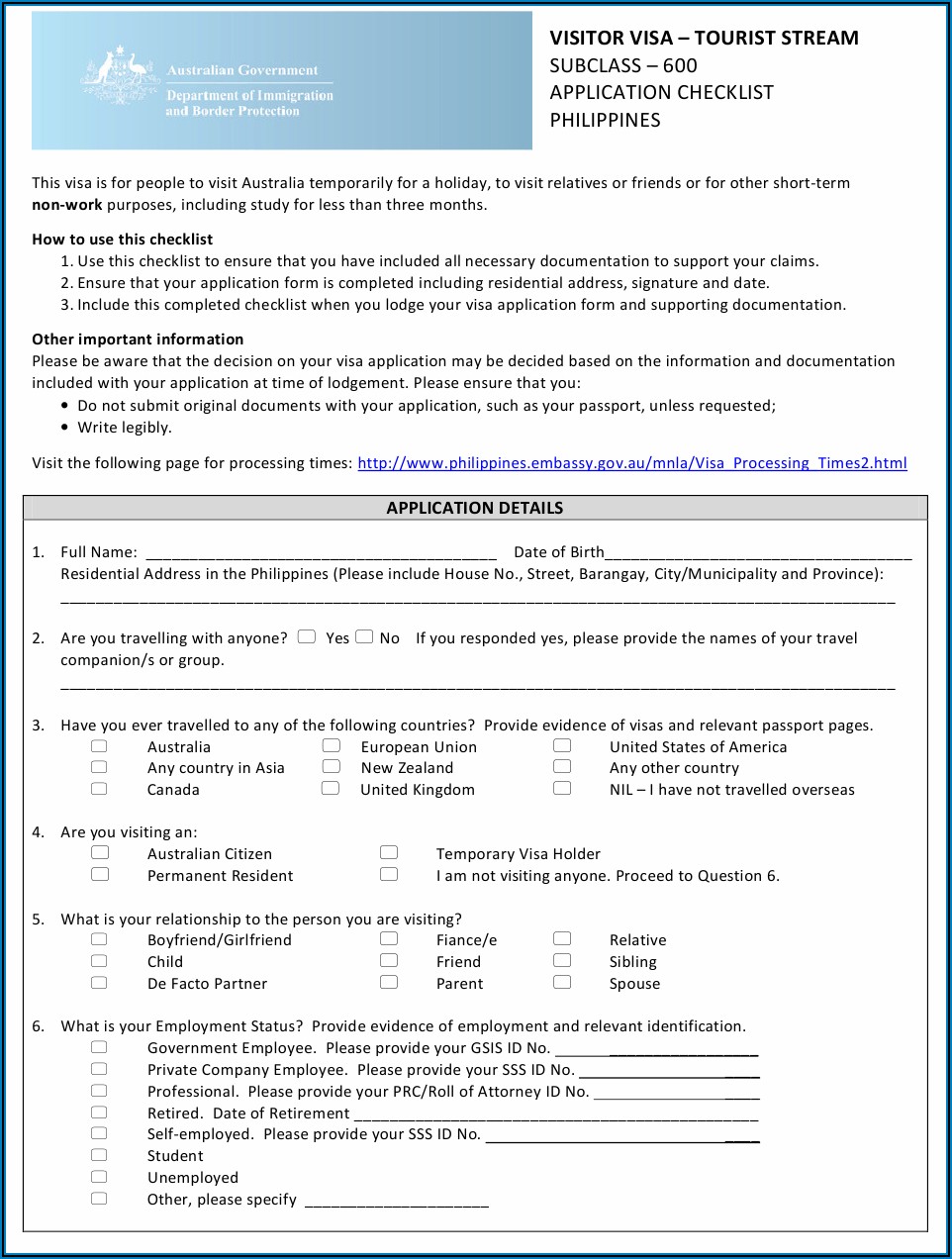 Download Australia Visitor Visa Application Form