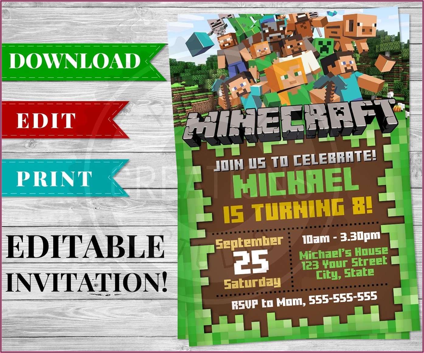 Downloadable Free Personalized Minecraft Birthday Invitations