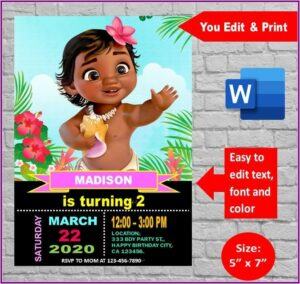 Editable Baby Moana Birthday Invitation Template