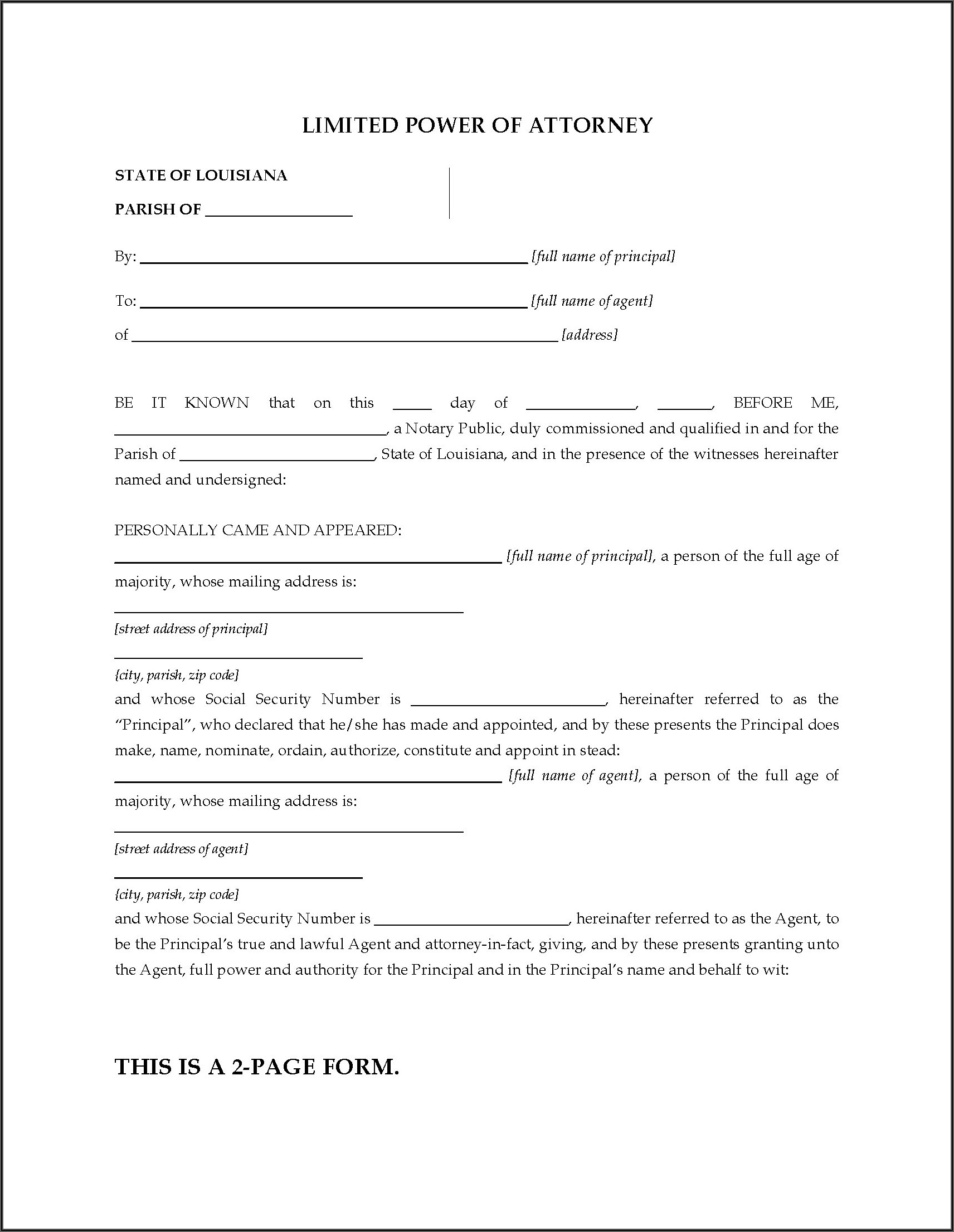Louisiana Limited Power Of Attorney Form