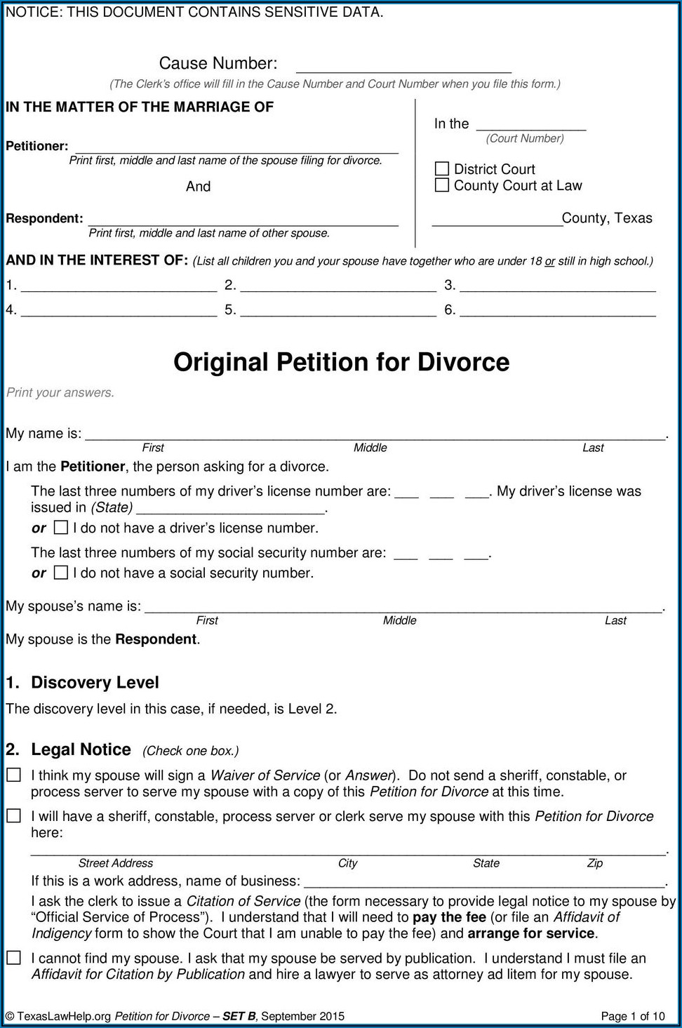Original Petition For Divorce Form