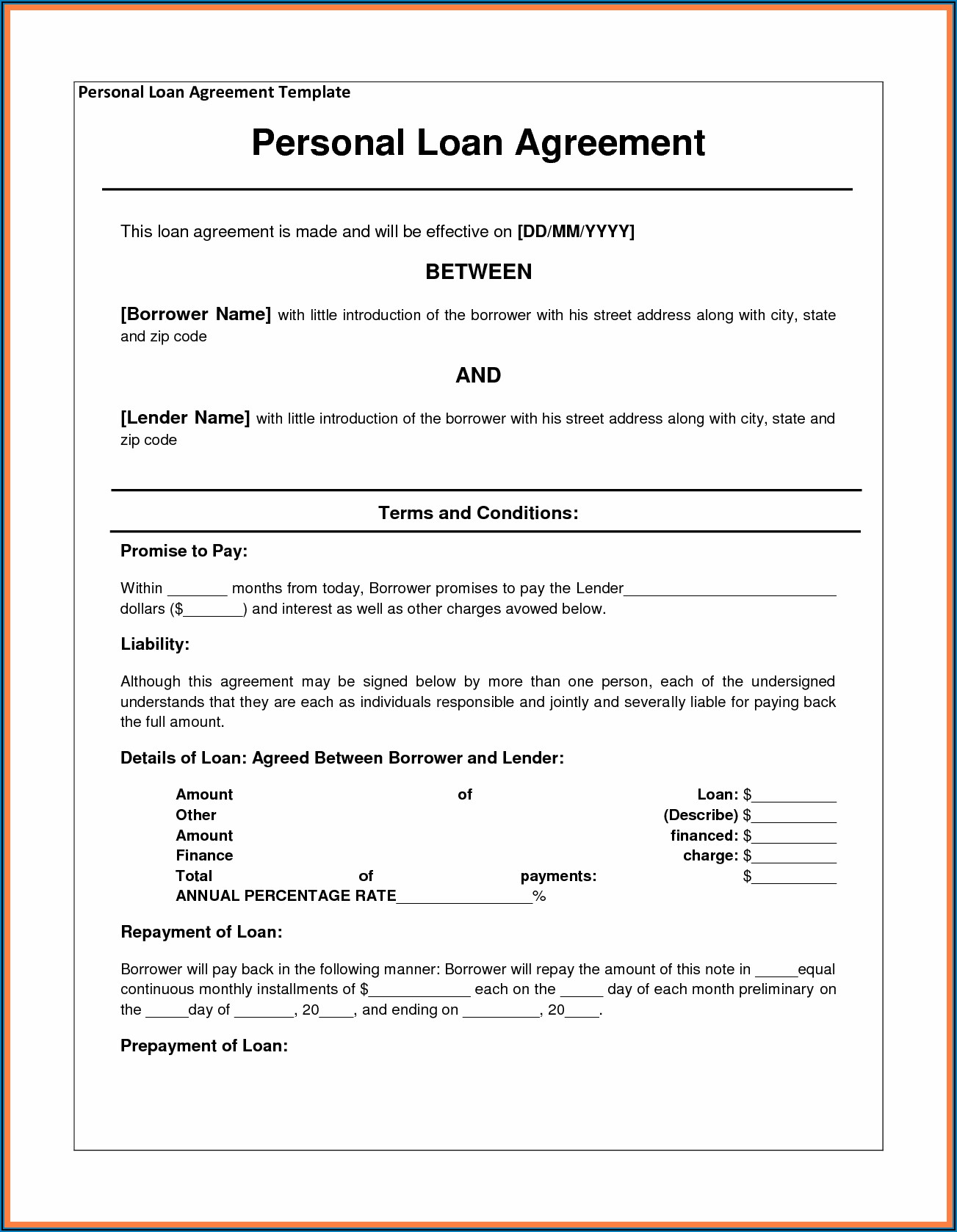 Personal Loan Agreement Format Pdf