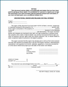 Unconditional Lien Waiver Template Texas