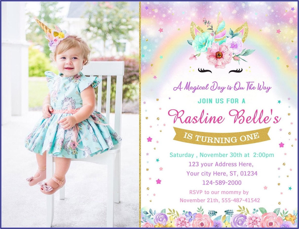 1st Birthday Invitation Card For Baby Girl Unicorn Theme