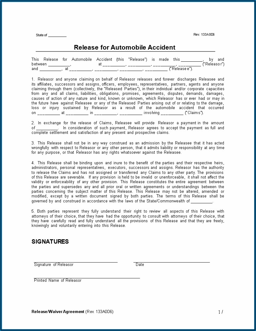 Car Accident Release Of Liability Form Template