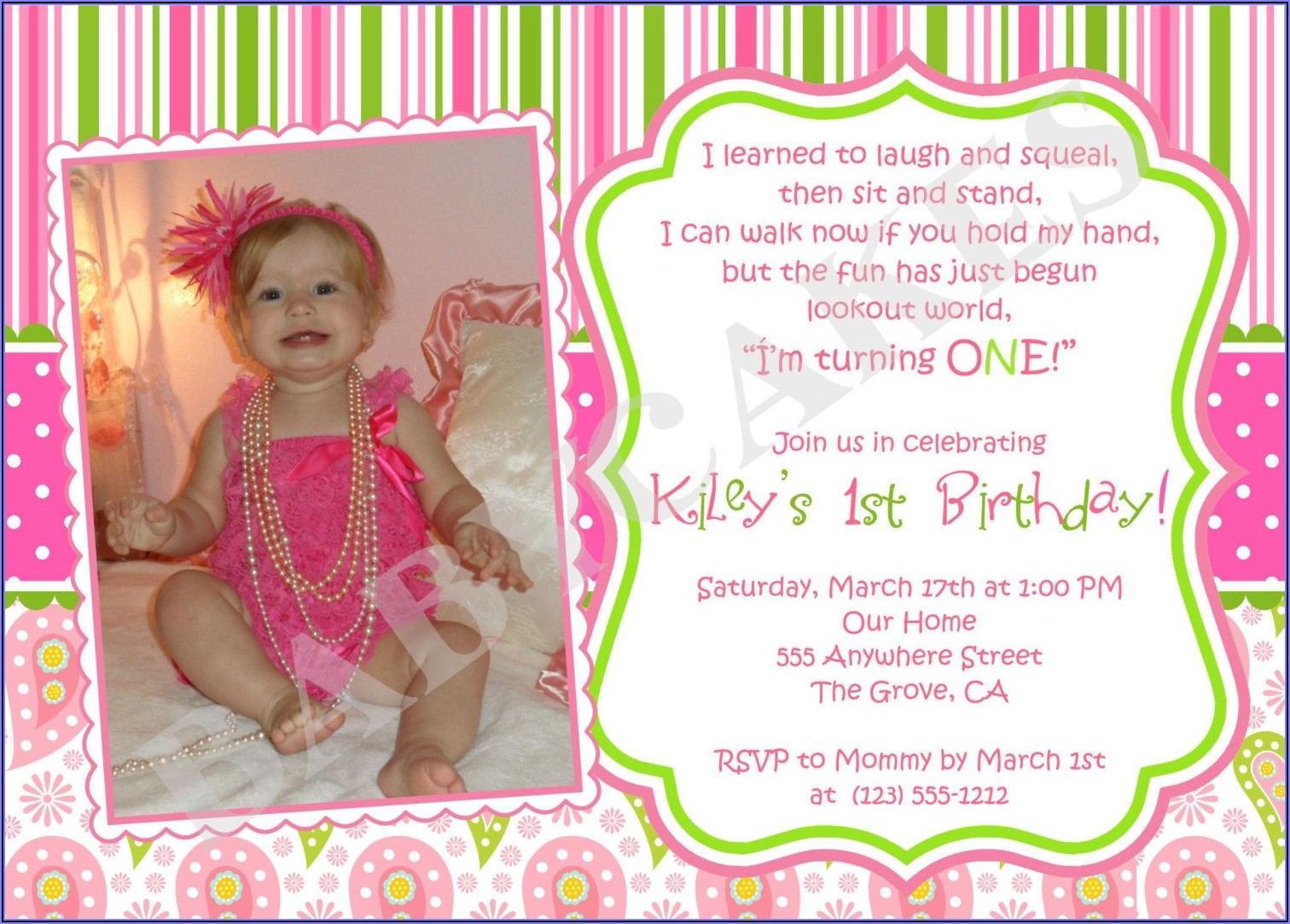 First Birthday Invitation Wording For Baby Girl