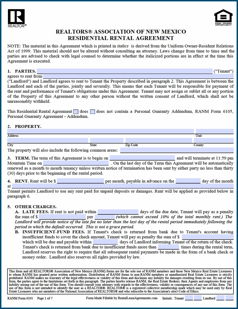 New Mexico Residential Lease Agreement Form Free