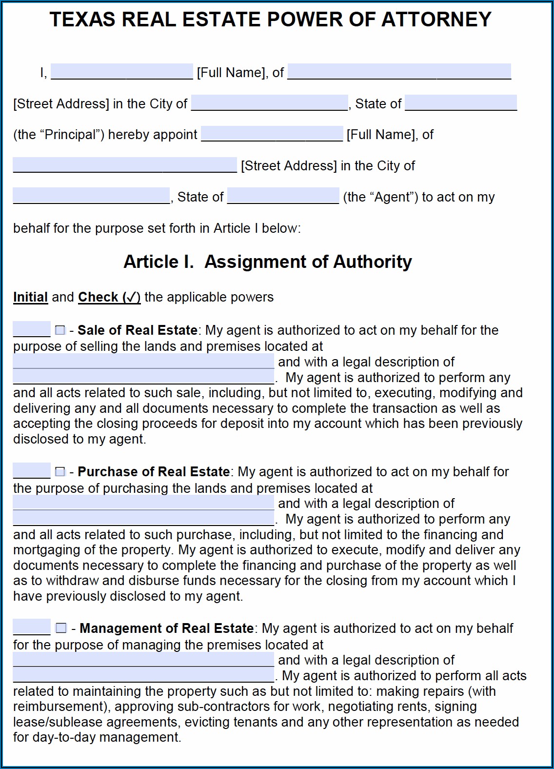 Power Of Attorney Form For Real Estate Transaction