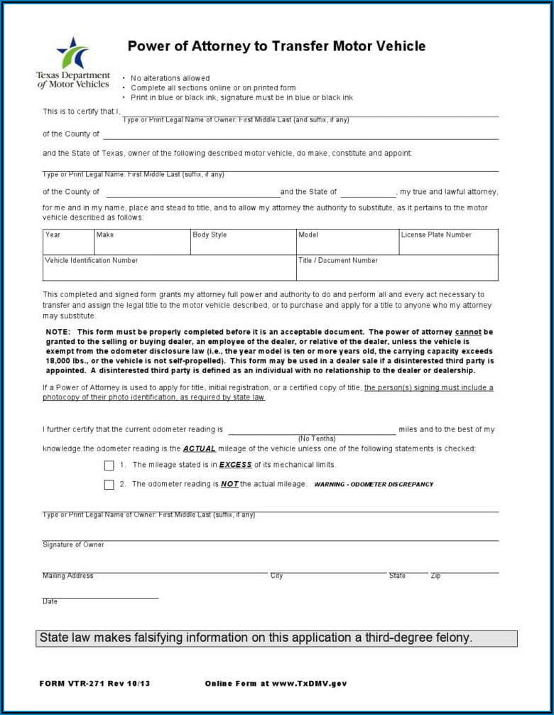 Power Of Attorney Form To Transfer Car Title Texas