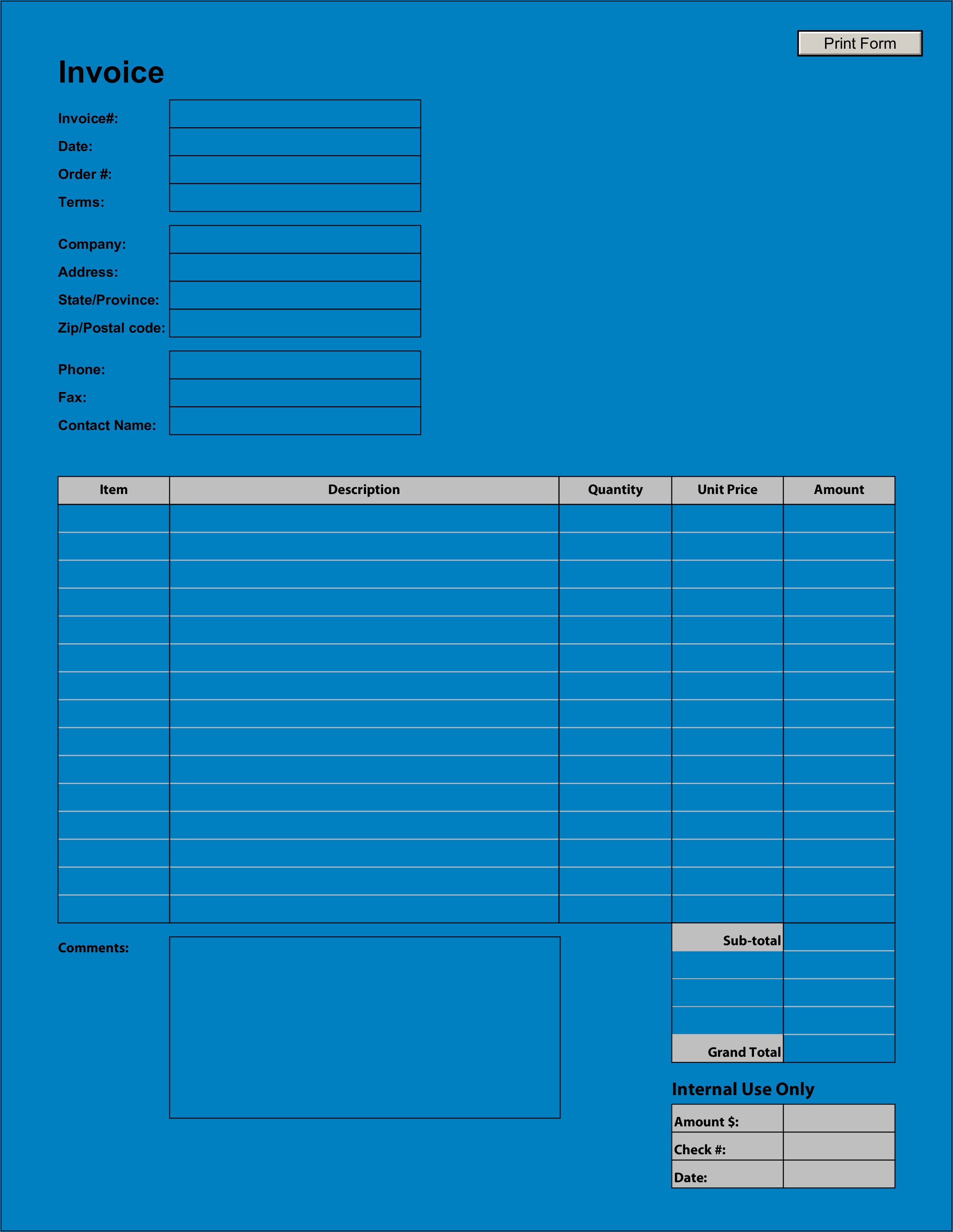 Printable Downloadable Blank Invoice Template