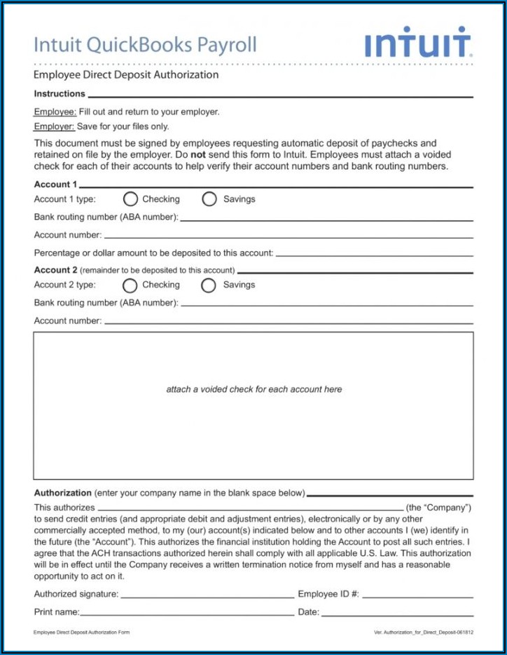 Quickbooks Payroll Direct Deposit Authorization Form
