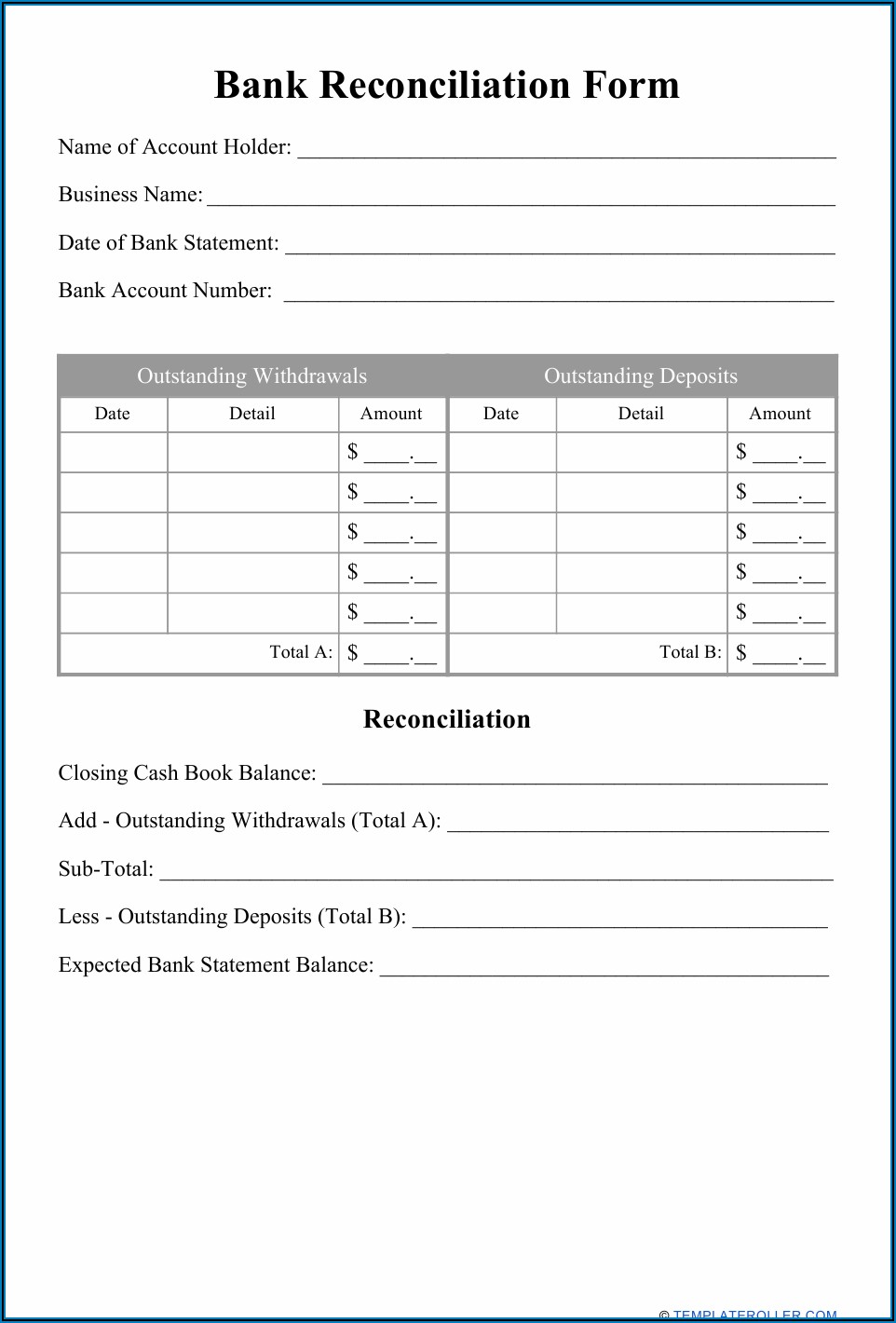 Sample Checking Account Reconciliation Form