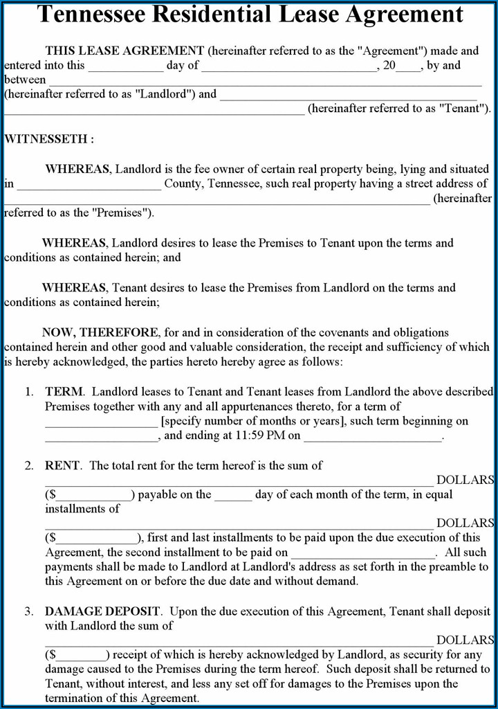 Tennessee Residential Lease Agreement Form Free