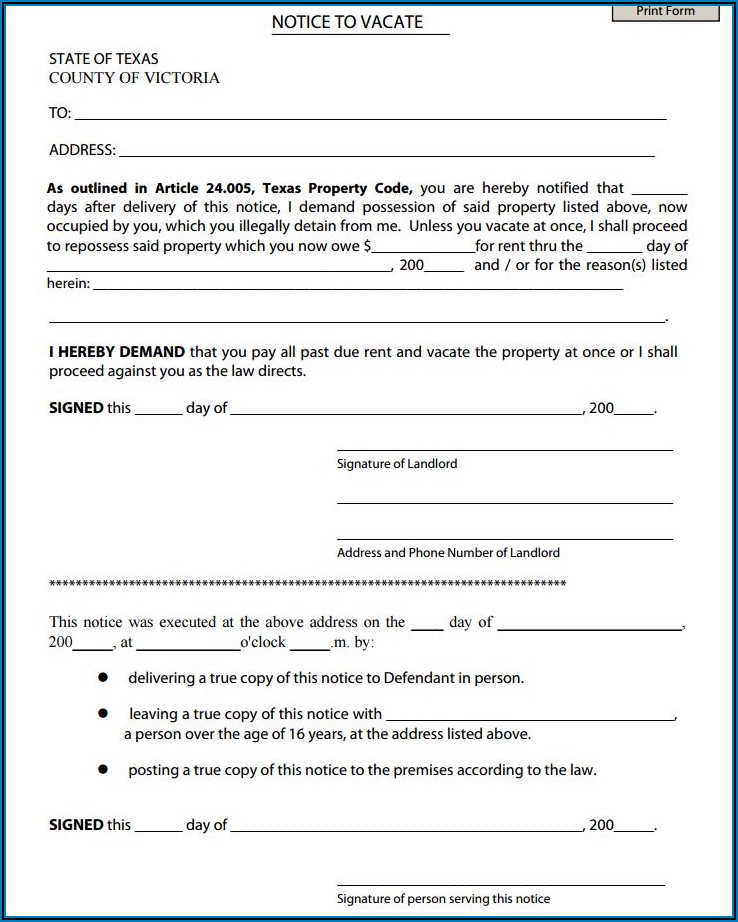 Texas Notice To Vacate Form Free