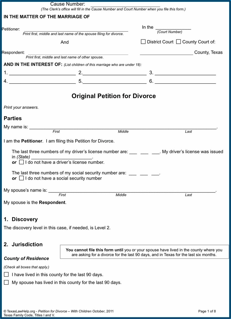 Texas Petition For Divorce Forms Free