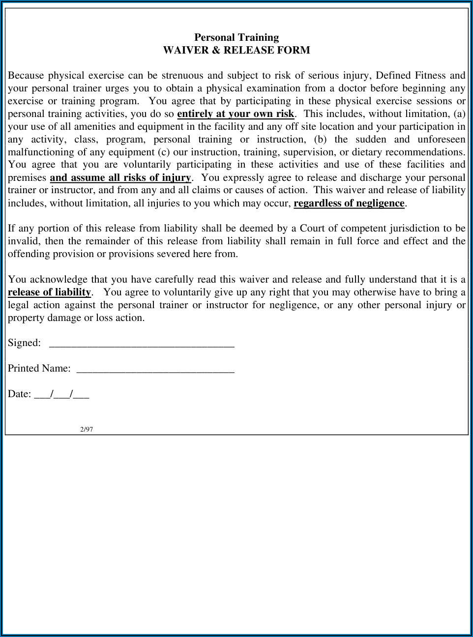 Waiver And Release Form For Exercise