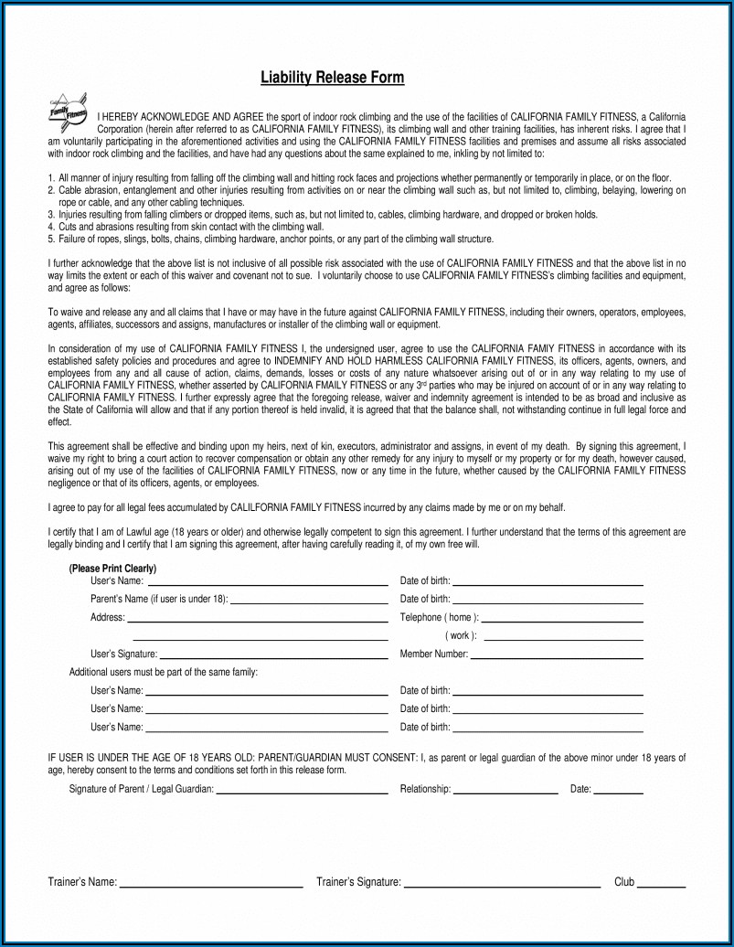 Waiver And Release Form For Gym