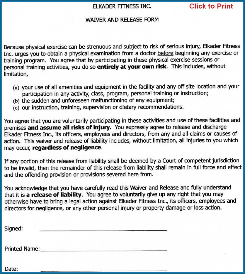 Waiver And Release Form For Personal Trainers