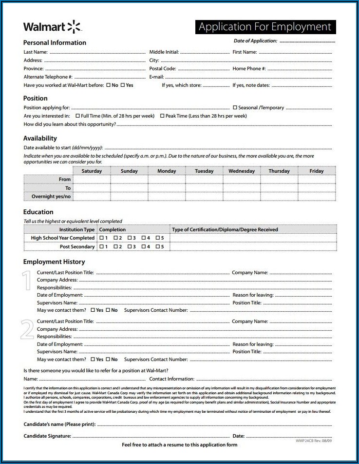 Walmart Application Form For Employment