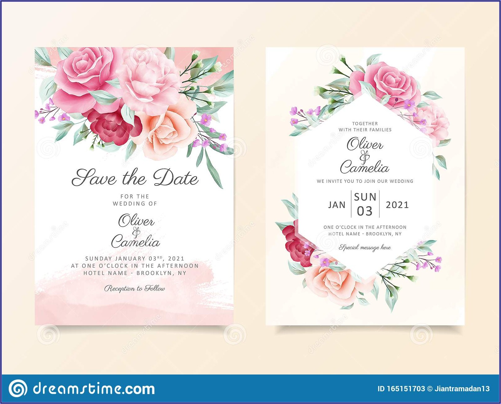 Wedding Invitation Card With Watercolor Flowers