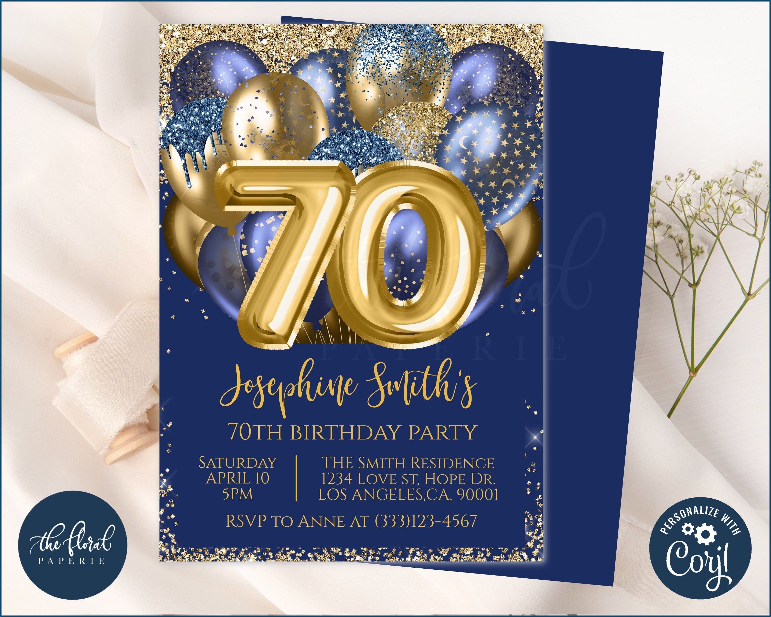Blue And Gold 50th Birthday Invitations