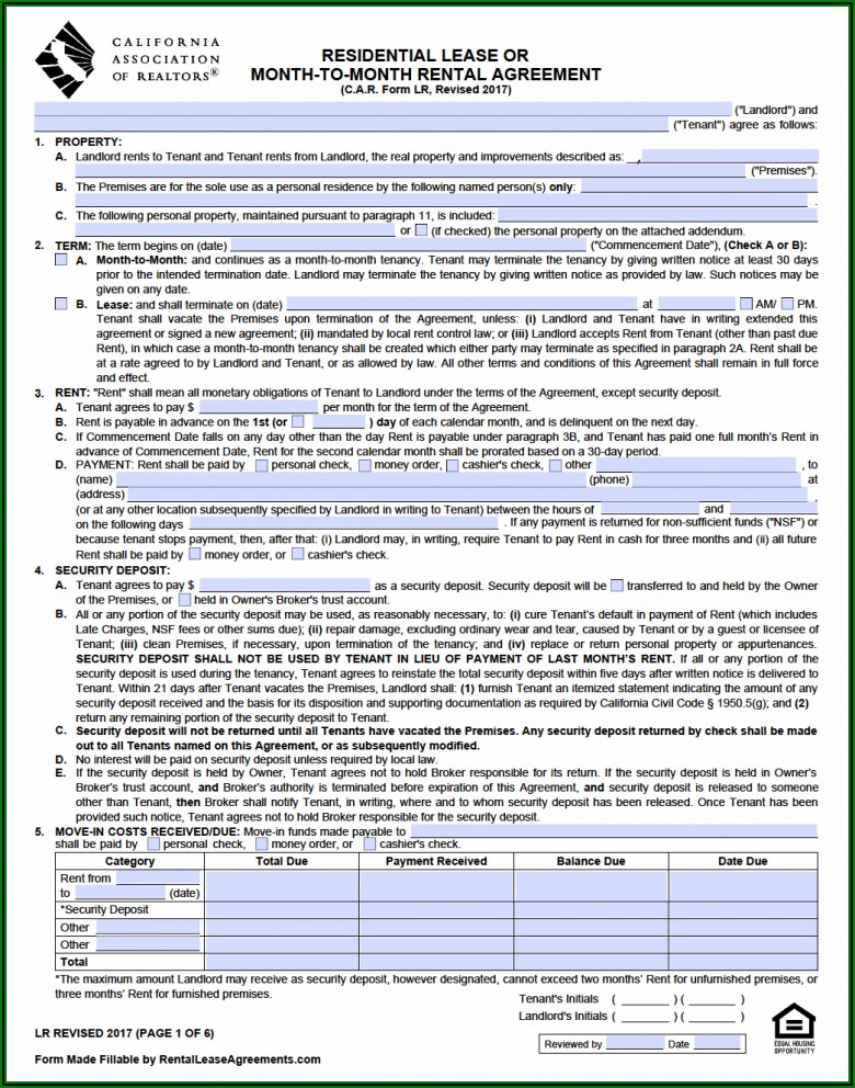 California Association Of Realtors Residential Lease Agreement Form