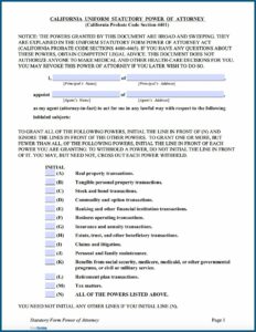California Durable Power Of Attorney For Finances Form