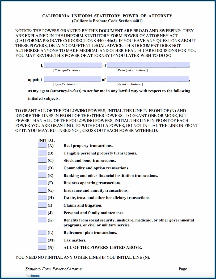 California Durable Power Of Attorney For Finances Form