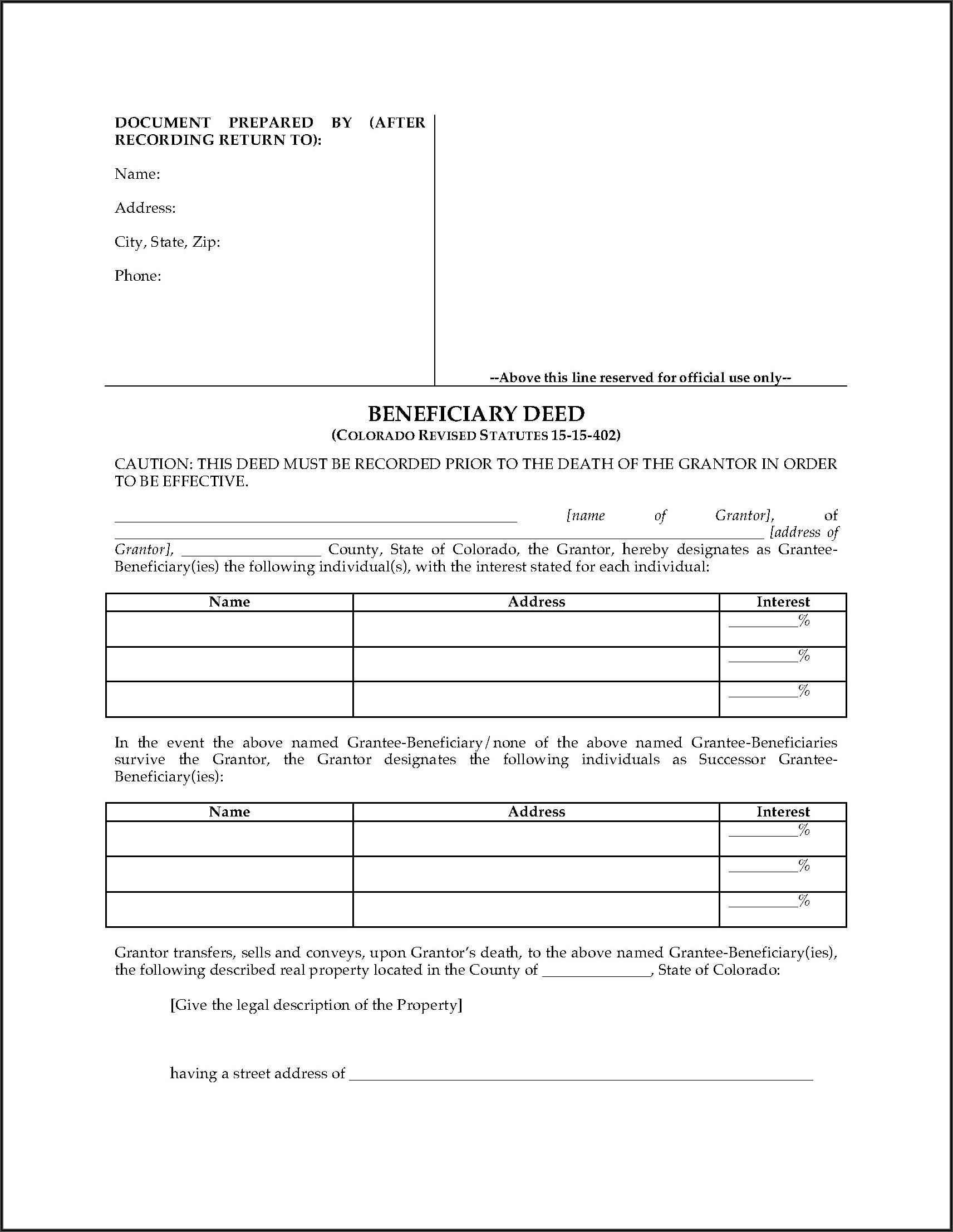 Colorado Beneficiary Deed Form Free