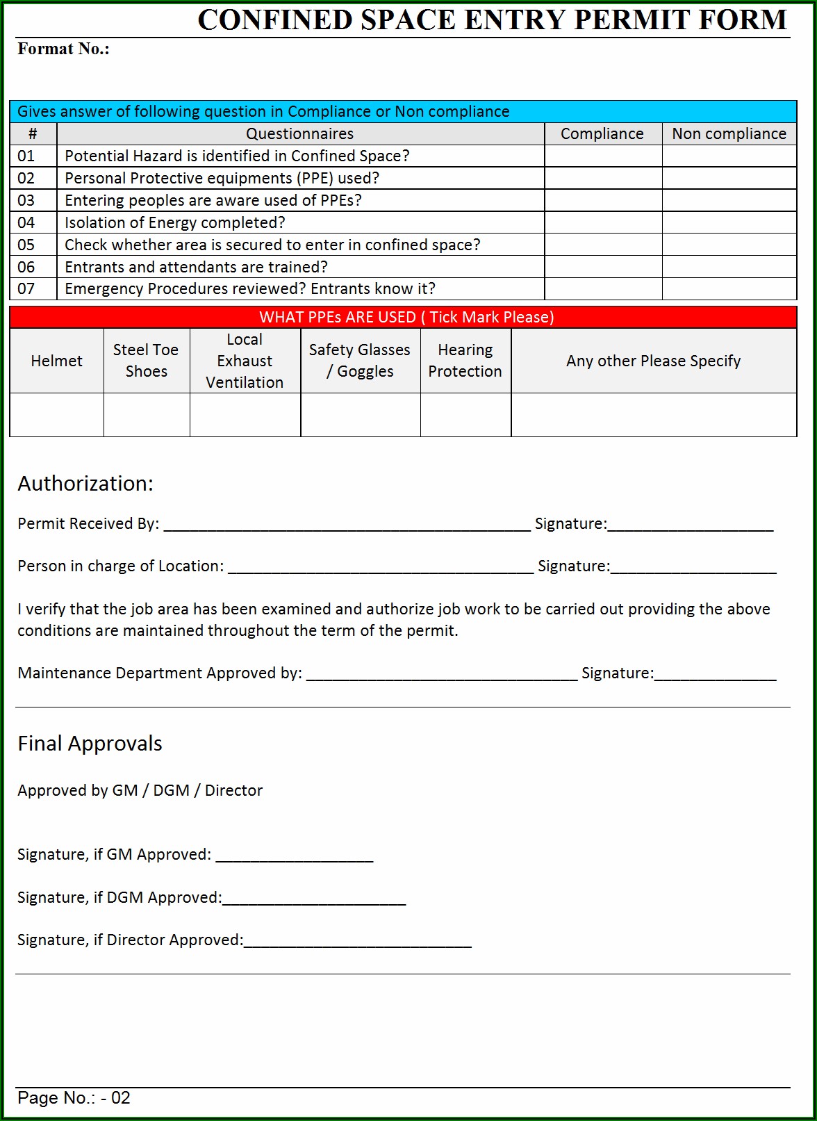 Confined Space Permit Form