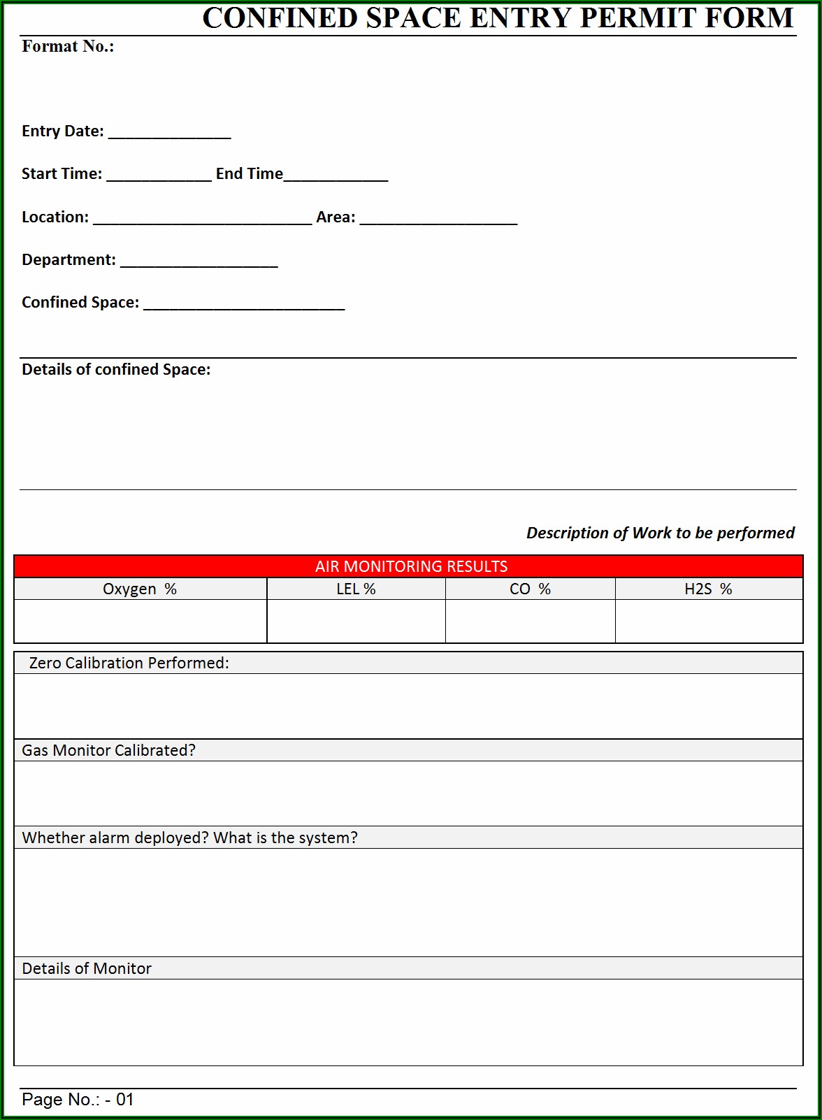 Confined Space Permit Format