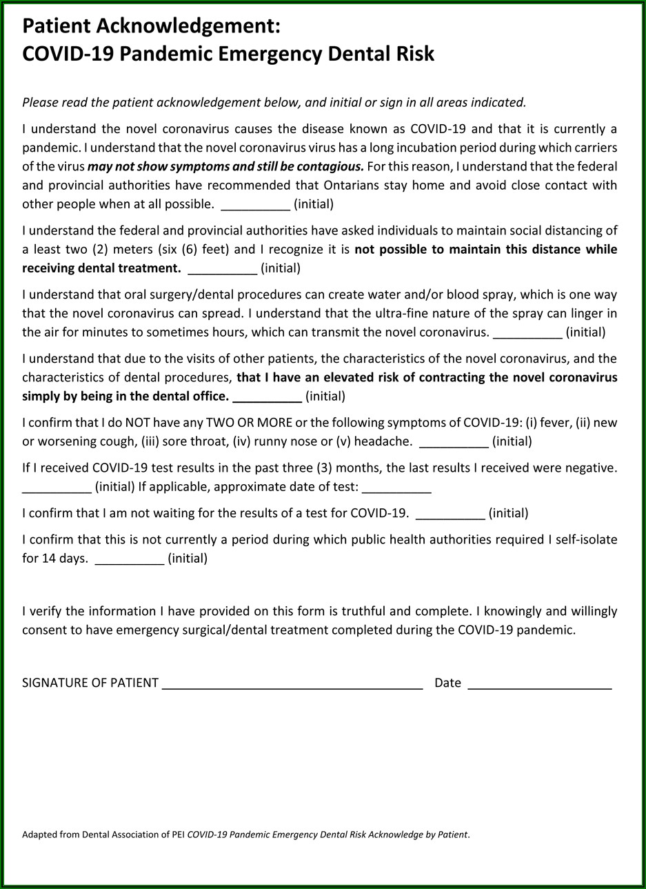 Dental Treatment Consent Form During Covid 19