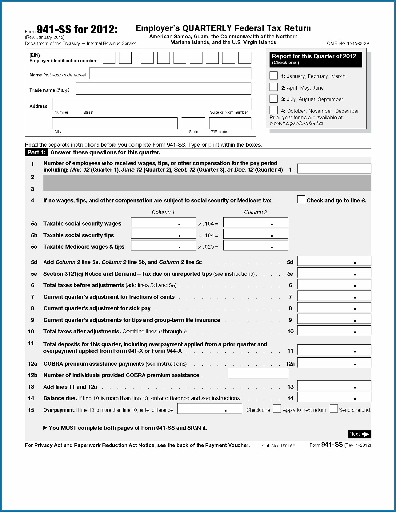 Department Of Treasury Internal Revenue Service Form 941
