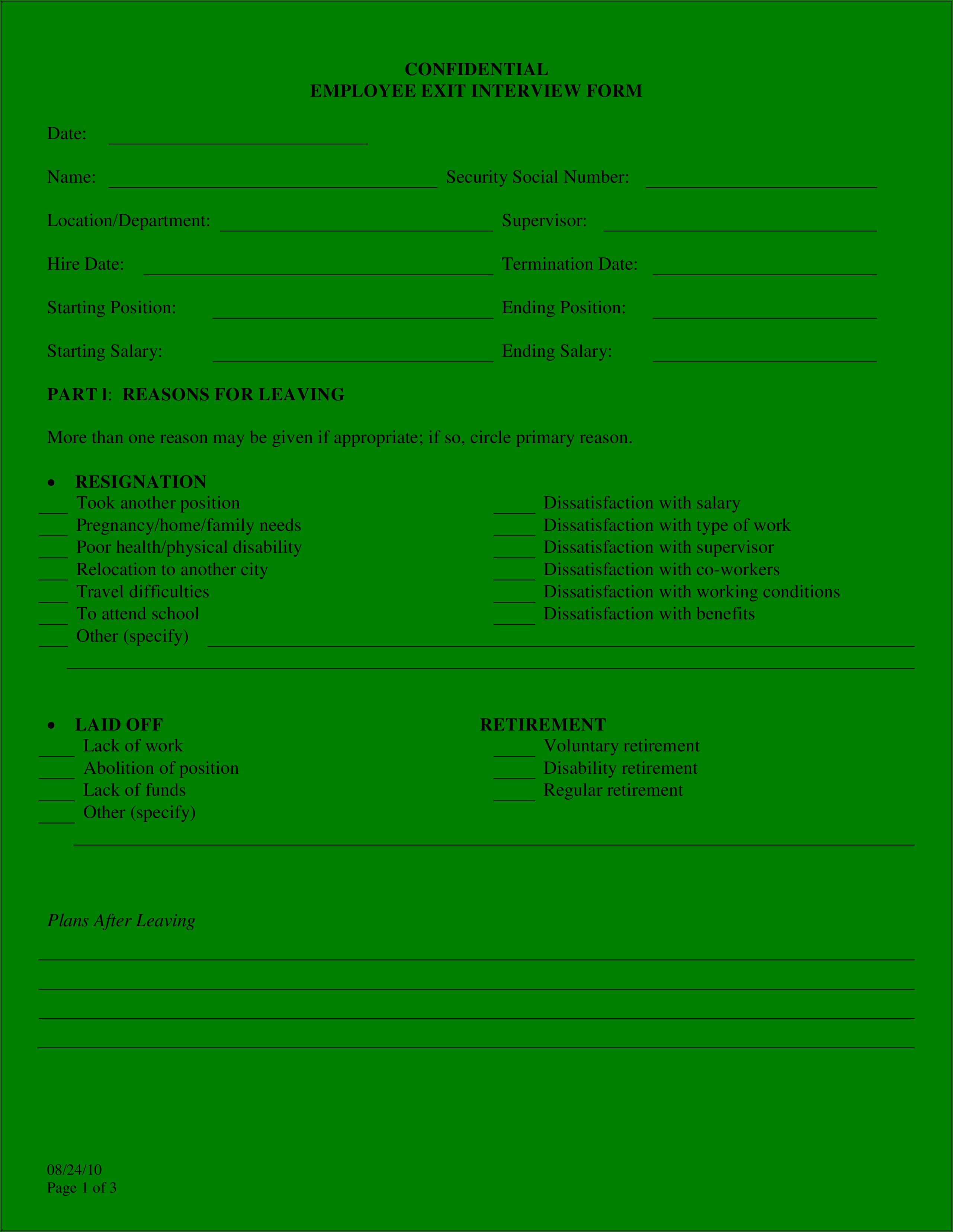 Format Of Exit Interview Form