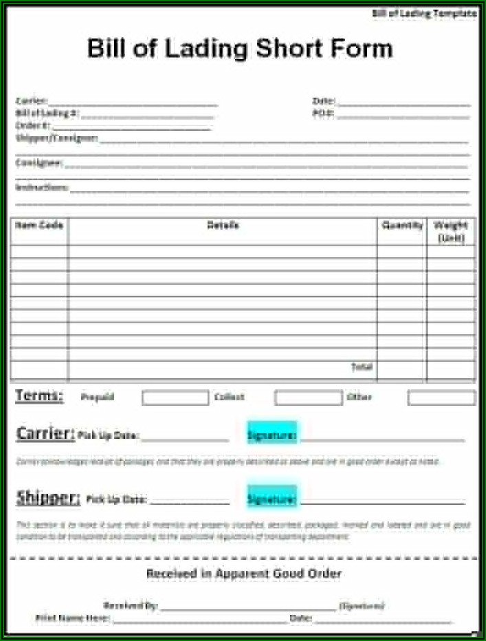 Generic Bill Of Lading Free Template