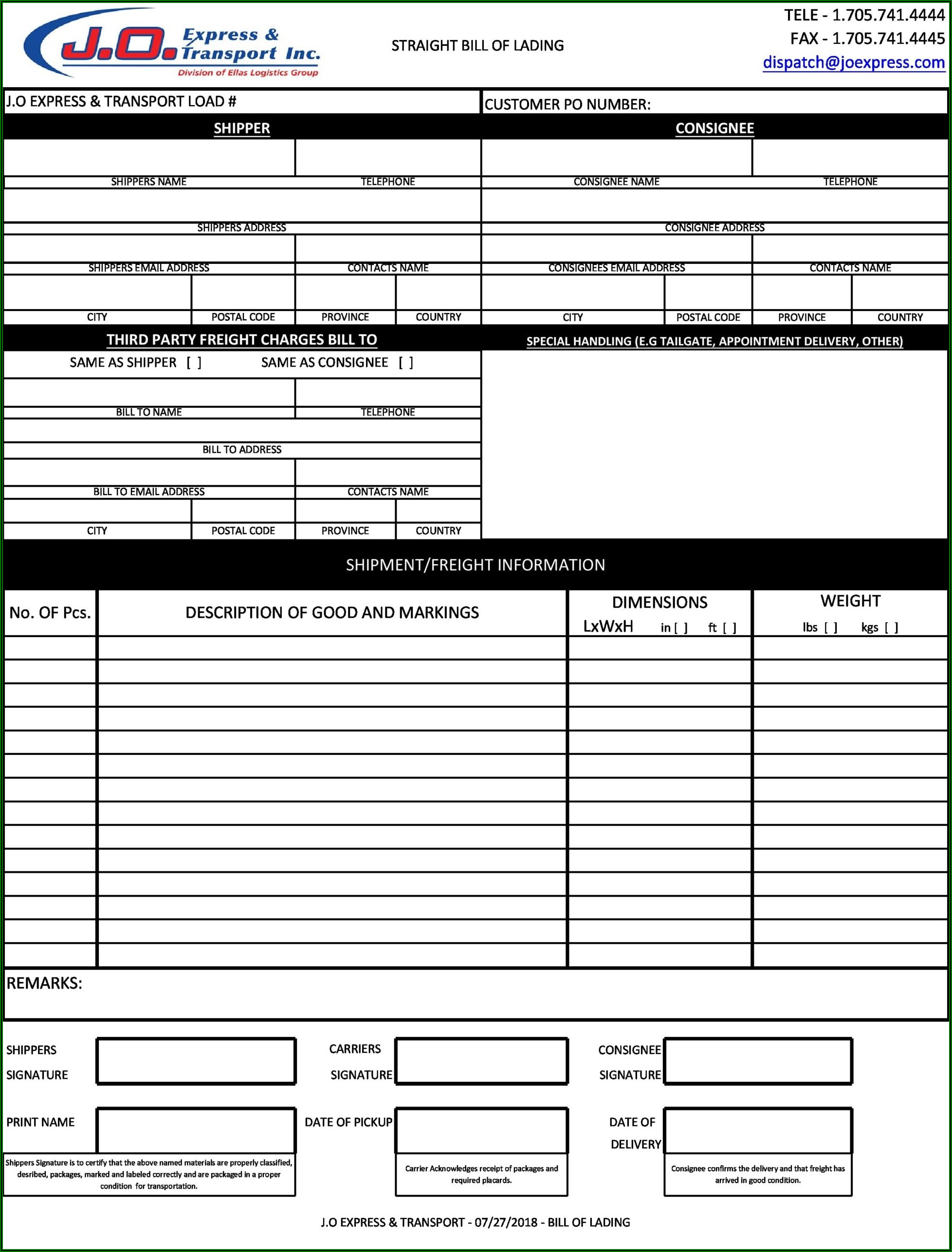 Generic Bill Of Lading Template Excel