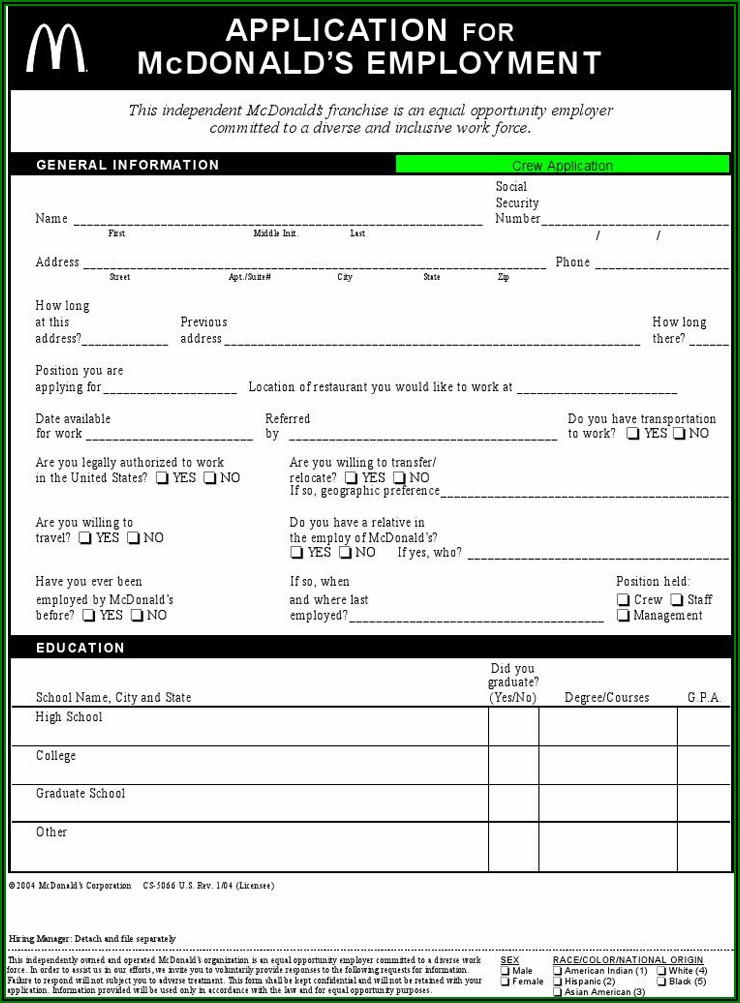 Mcdonald's Applications Form