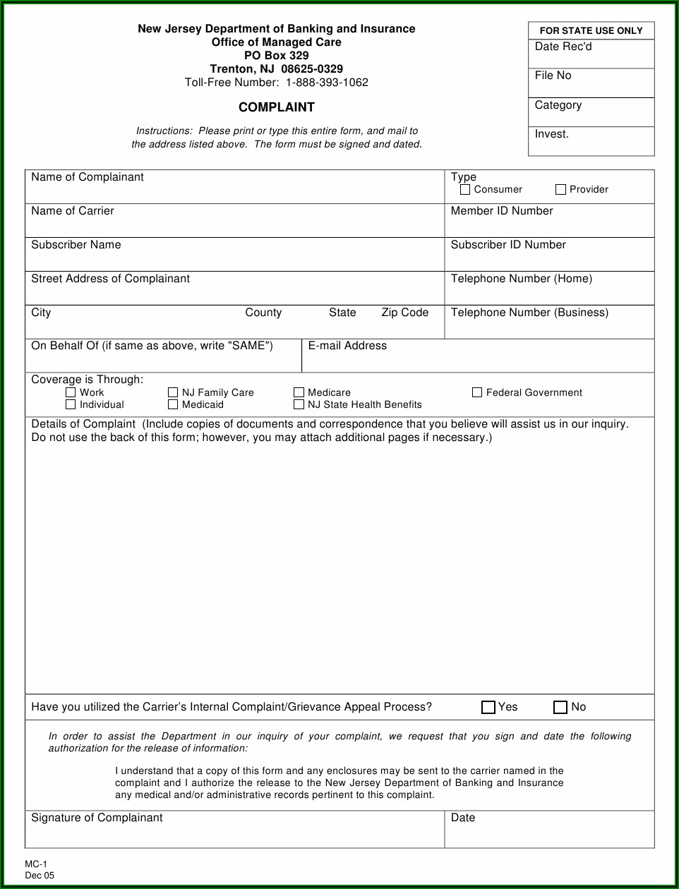 Medicare Complaint Log Form