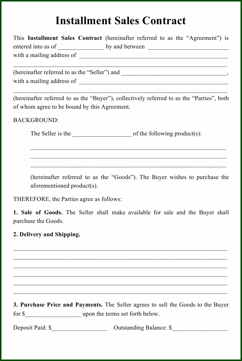 Motor Vehicle Retail Installment Sales Contract Form