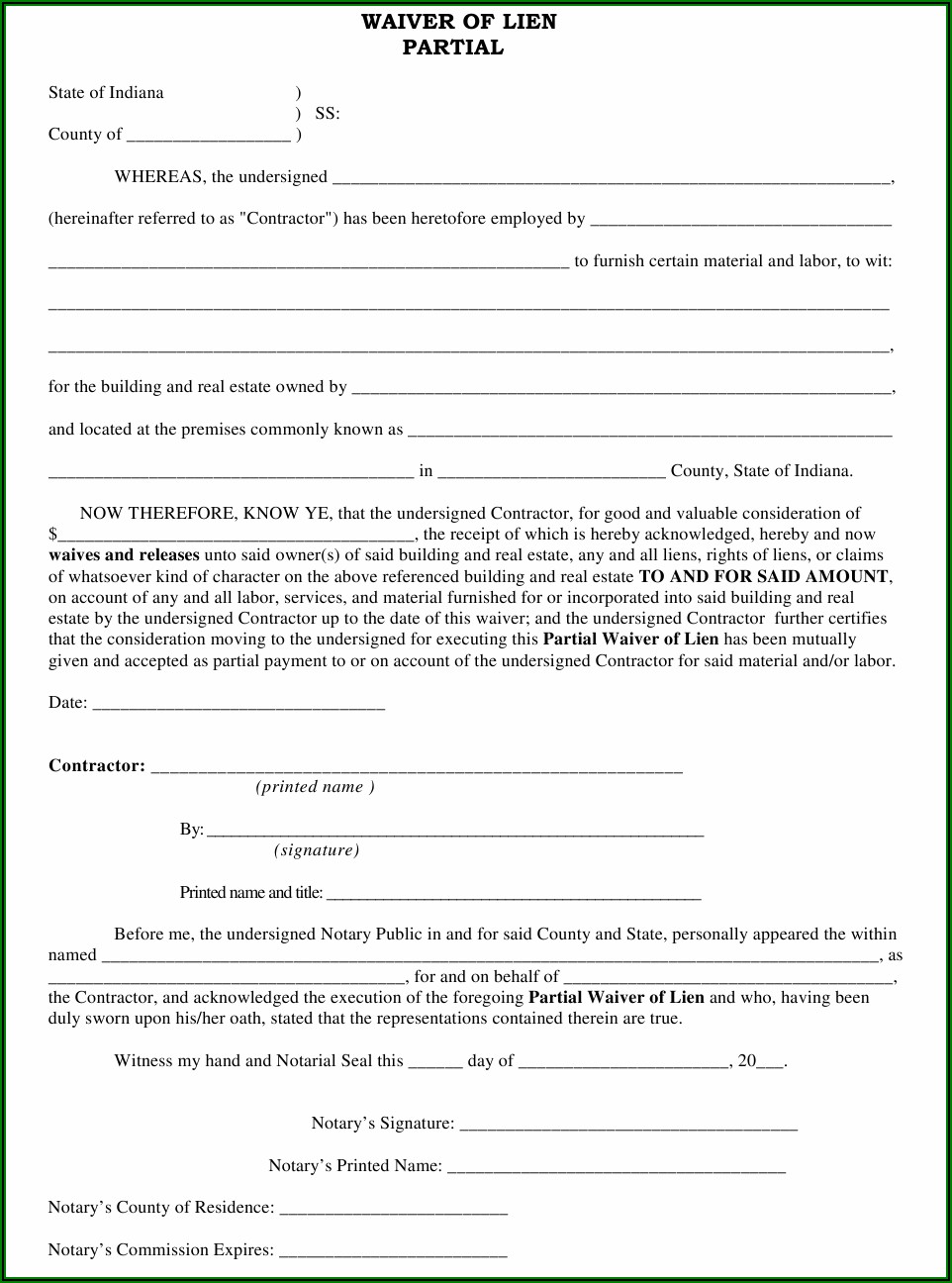 Partial Waiver Of Lien Form Indiana