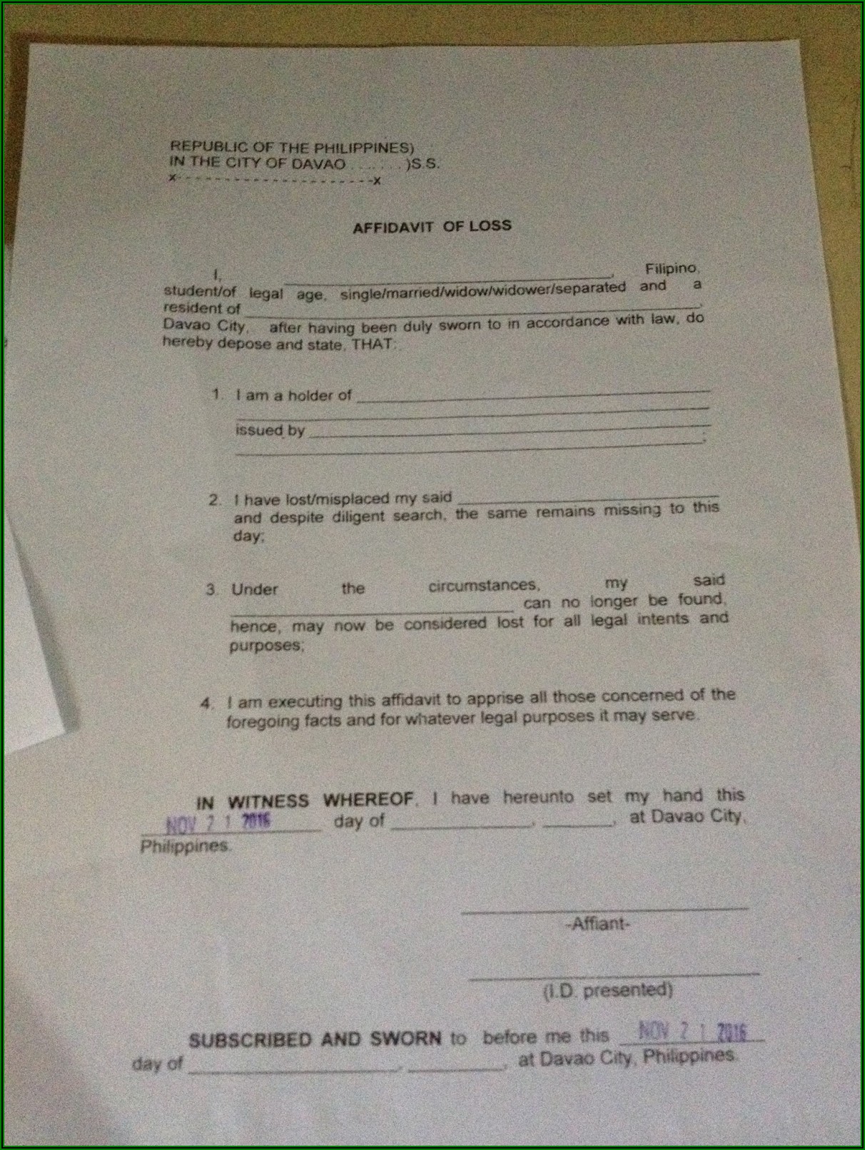 Philippine Legal Forms Affidavit Of Loss