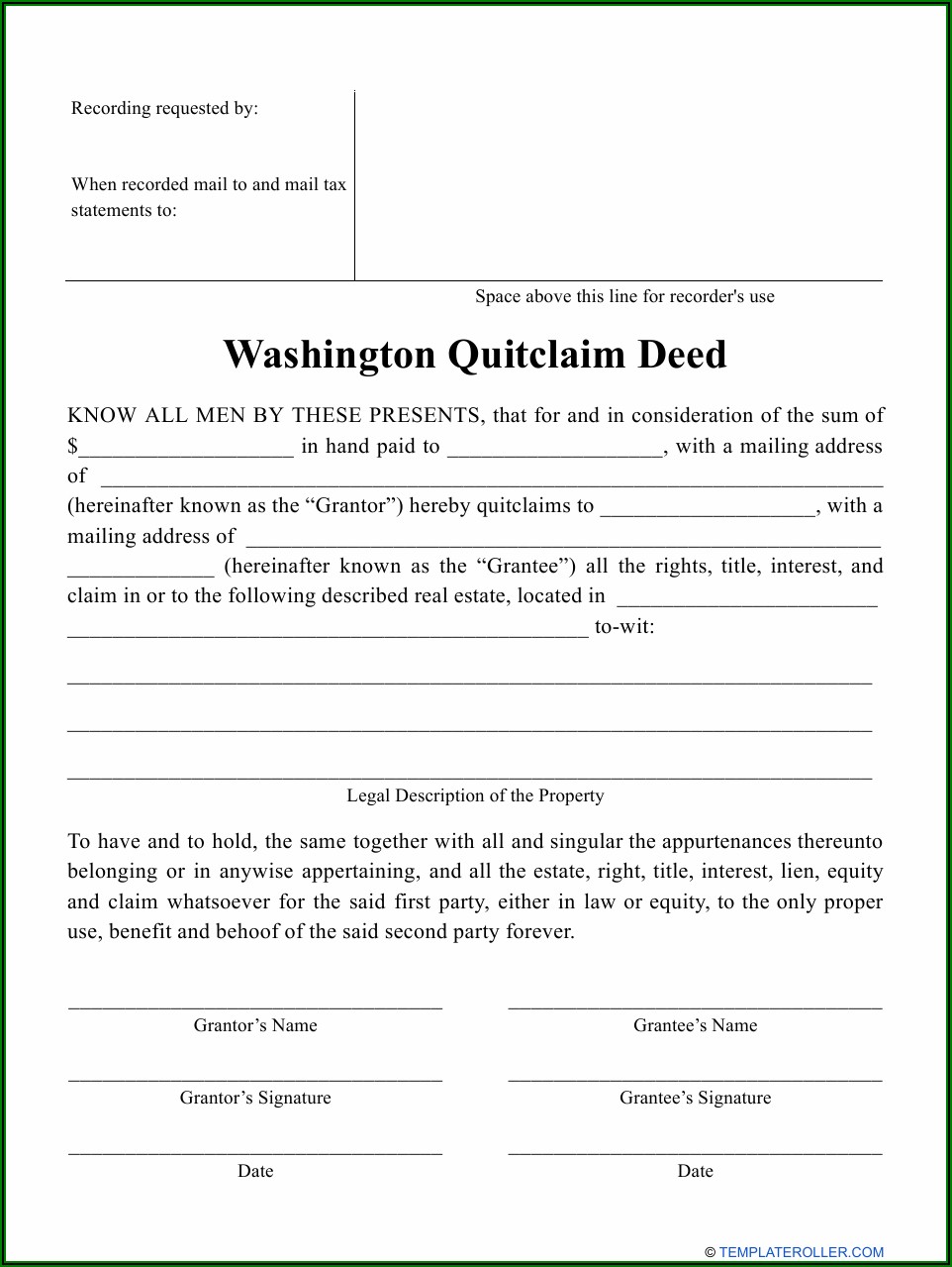 Quit Claim Deed Form Washington Dc