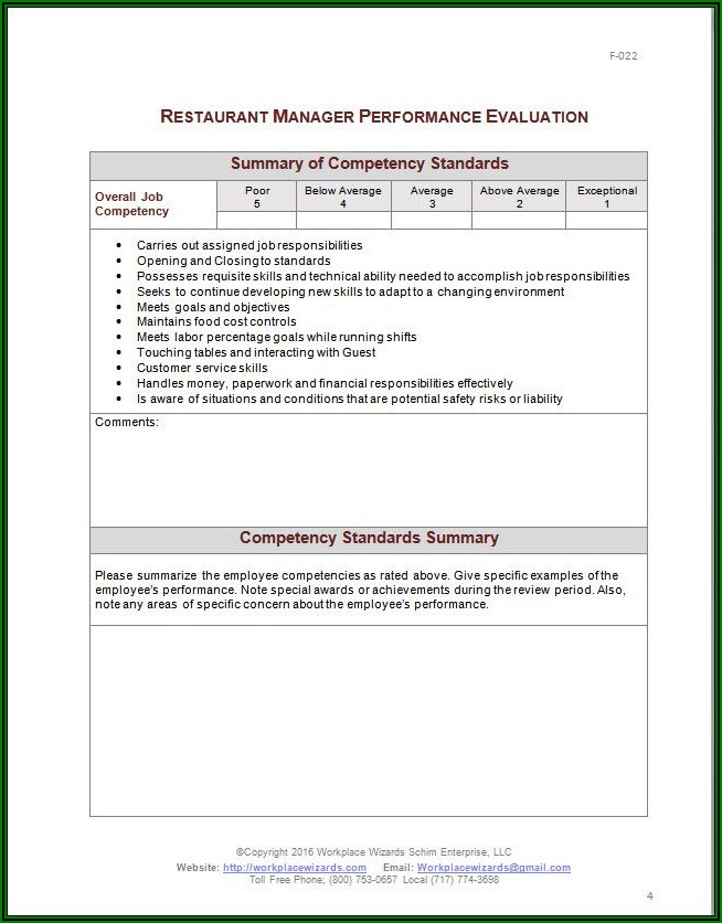 Restaurant Employee Evaluation Form Pdf