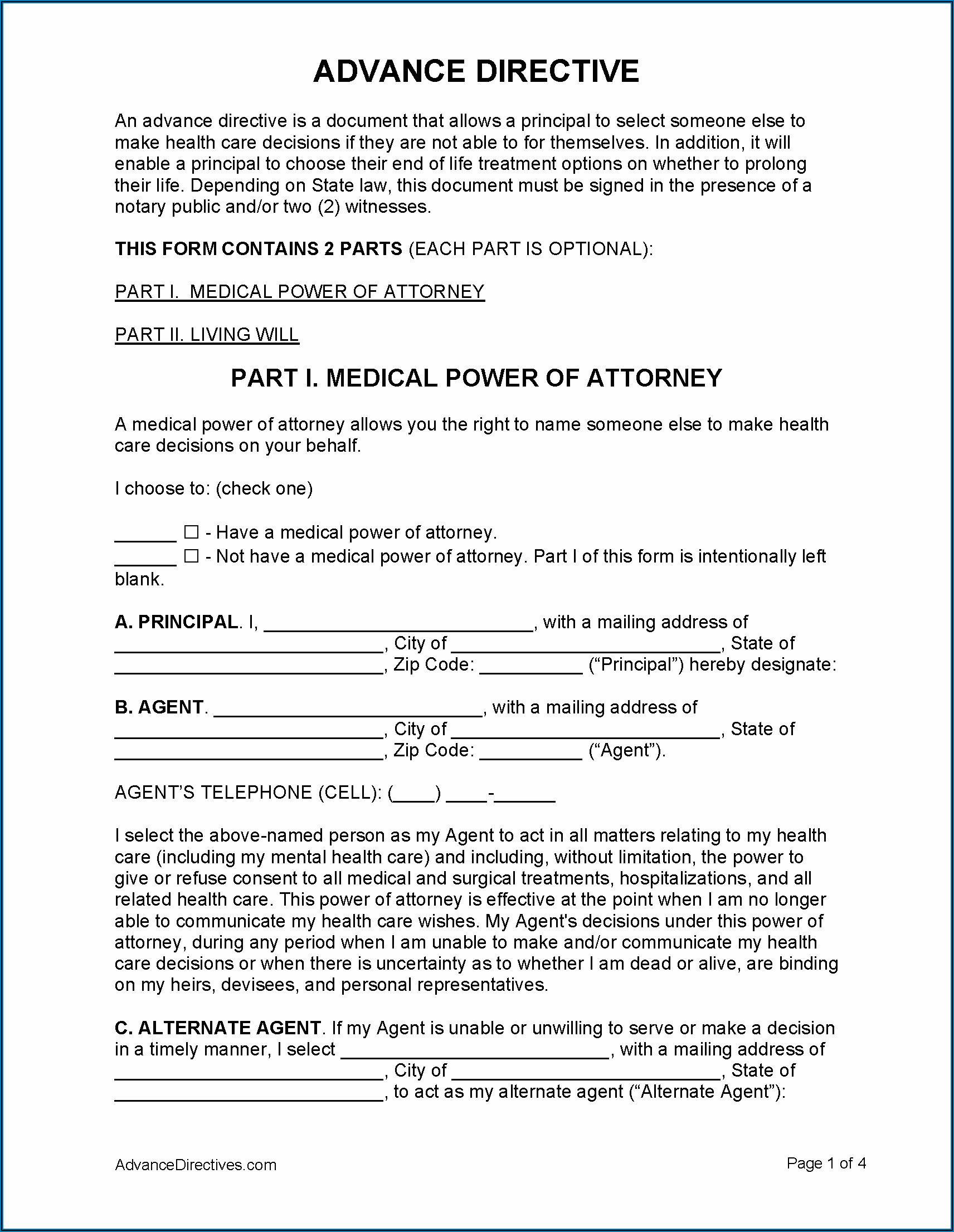 Sample Of Advance Care Directive Form