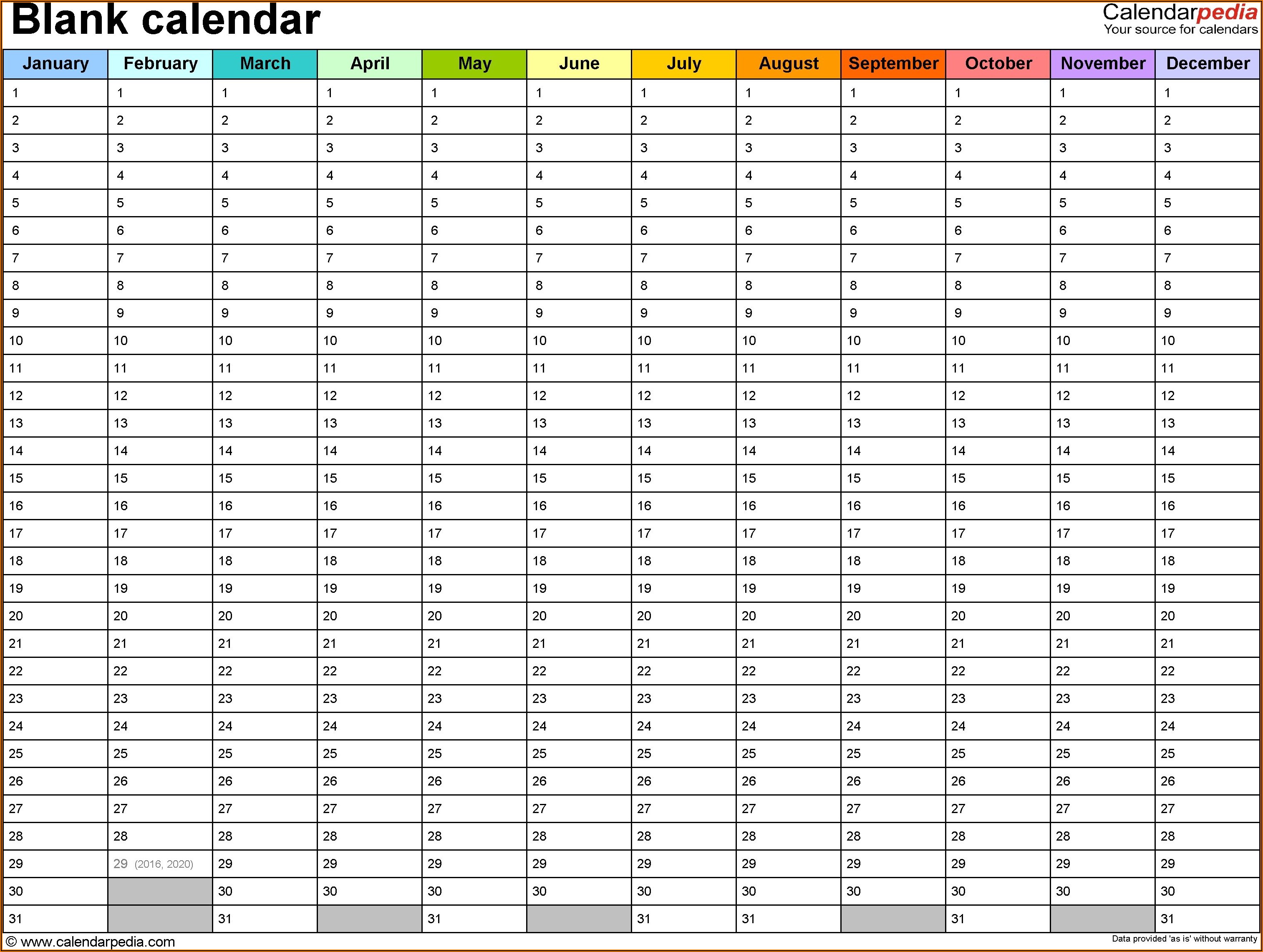 Blank Year At A Glance Calendar Template