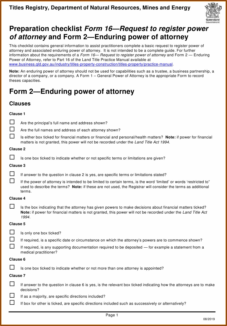 Enduring Power Of Attorney Template Qld